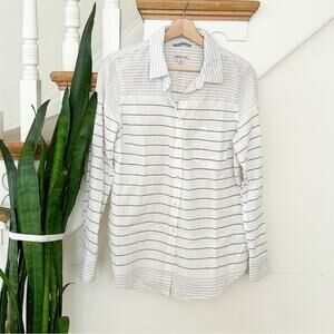 Merona White Gray Stripe Long Sleeve 100% Cotton Button Down Shirt Size Medium